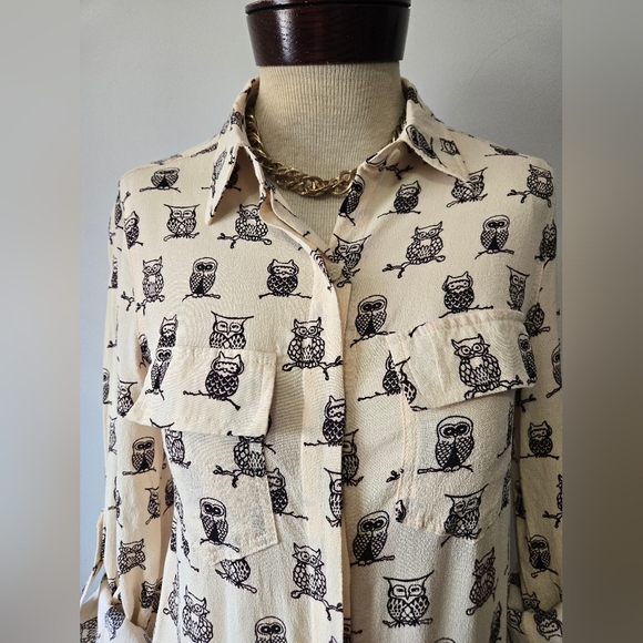 PORRIDGE ANTHROPOLOGIE Cream Owl Print Button-Up Shirt. Size Small - Picture 6 of 13